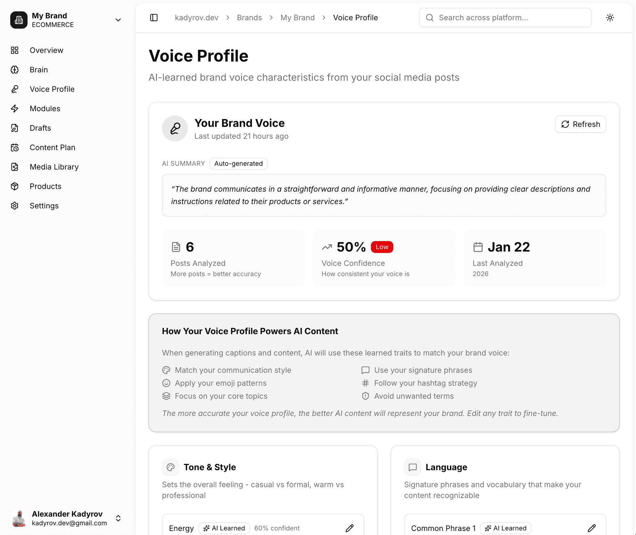 FutuAge Voice Profile — AI-learned brand characteristics from your posts