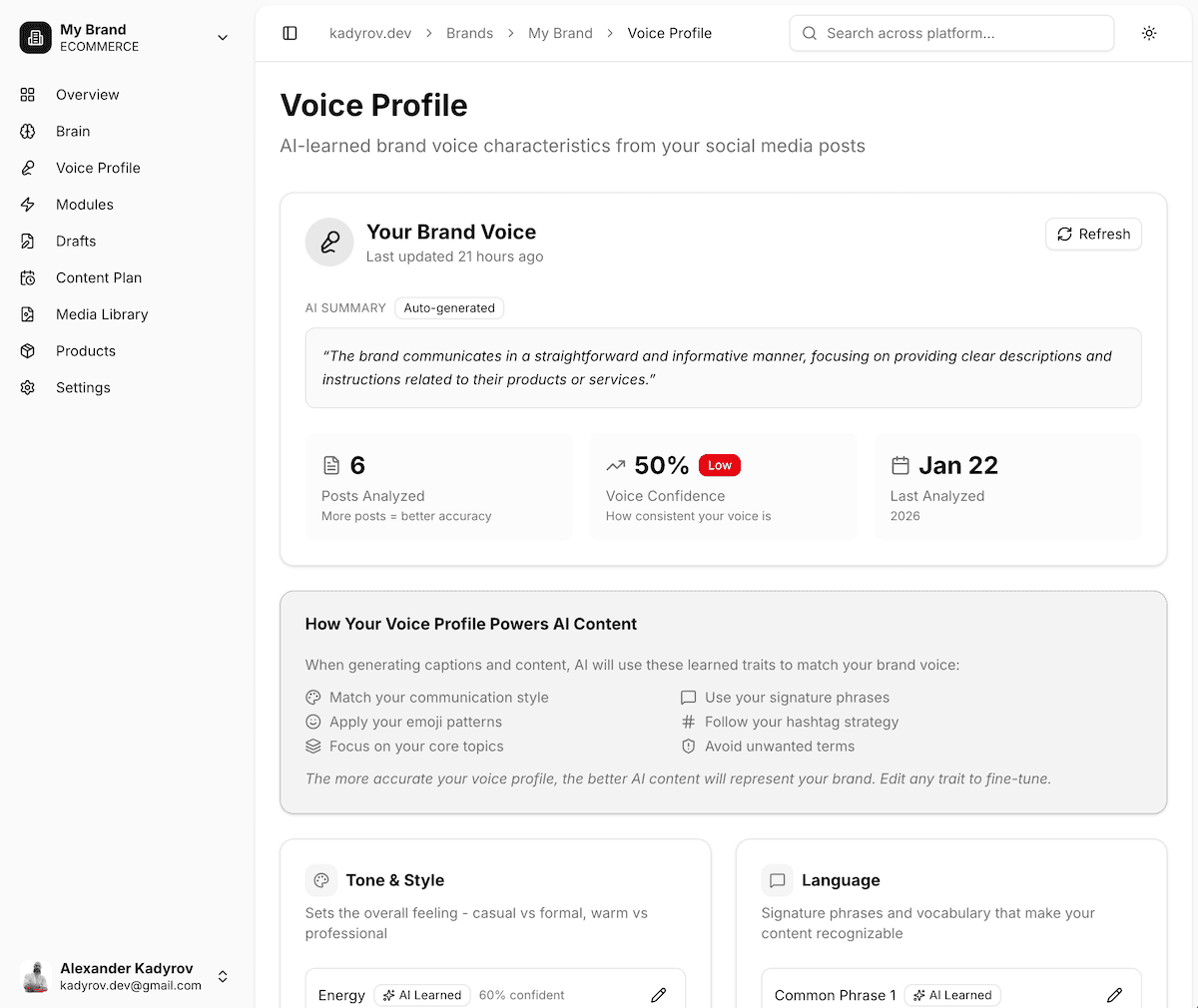 FutuAge Voice Profile — AI-learned brand characteristics from your posts