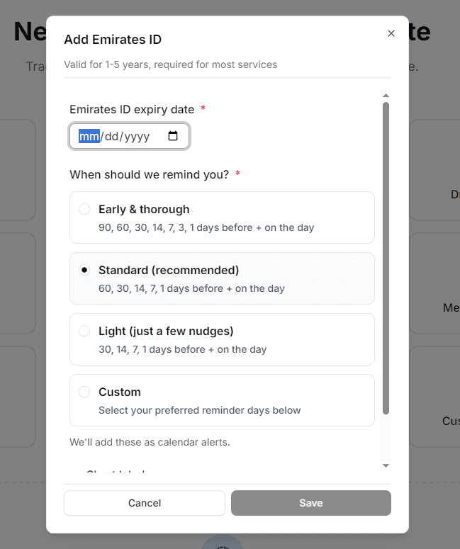 Add Emirates ID — expiry date and reminder profile selection