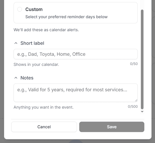 Custom reminder — short label and notes fields