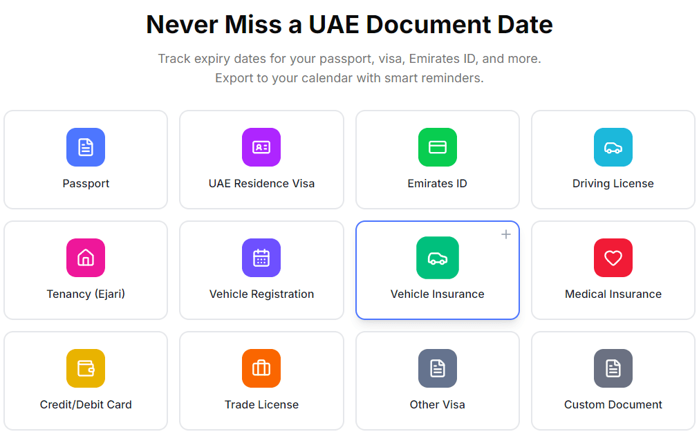 DocDates document type selection — passport, UAE residence visa, Emirates ID, driving license, tenancy, vehicle registration, insurance, and more
