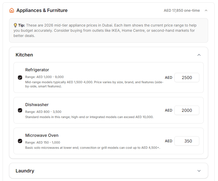 Dubai Budget Planner appliances and furniture calculator showing refrigerator, dishwasher, and microwave with 2026 Dubai price ranges