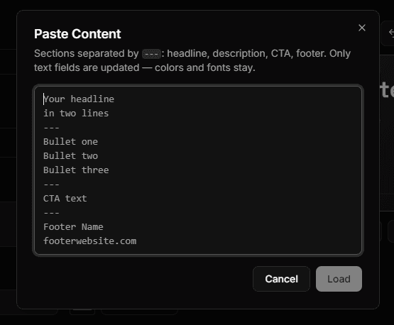 Reel Image Maker's Paste Content dialog — headline, description, CTA, and footer separated by --- markers, filling every text field at once while colors and fonts stay put