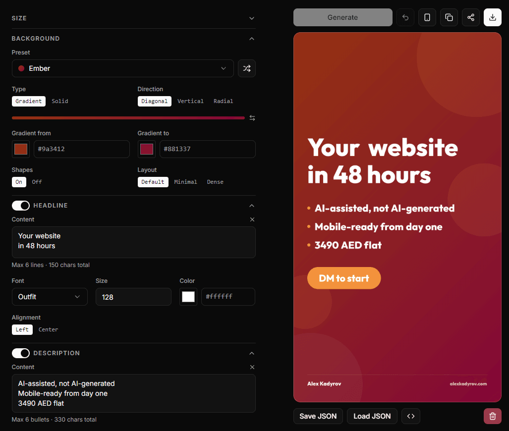 Reel Image Maker editor — the Ember preset with gradient from/to colors, diagonal direction, decorative shapes, and per-section font and size controls, next to the rendered 1080×1920 reel it produces