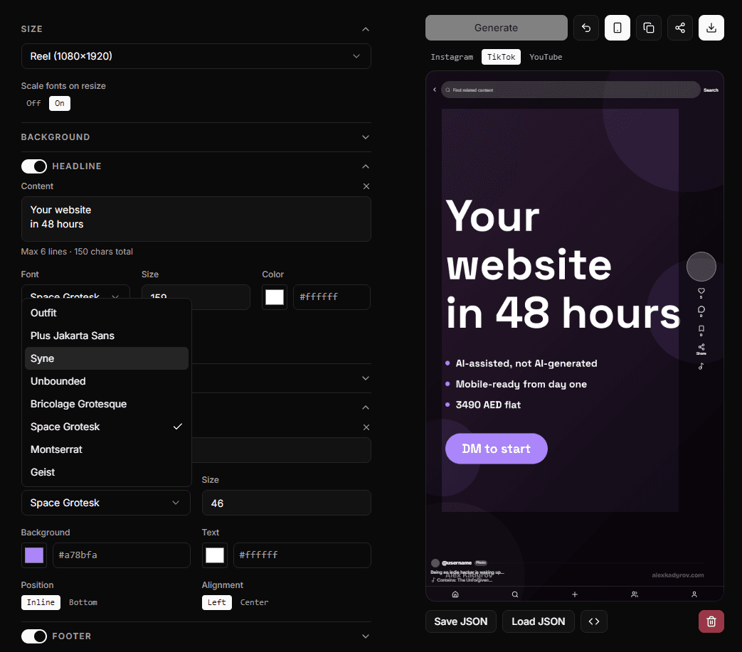 Reel Image Maker with the TikTok safe zone overlay on — the platform's search bar, side action buttons, and bottom navigation rendered over the preview — alongside the size selector, the scale-fonts-on-resize toggle, and the list of eight fonts