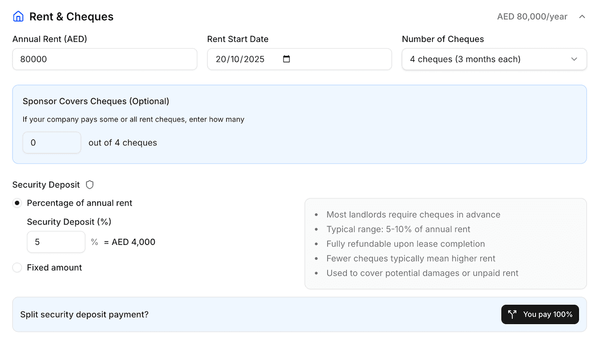Rent & Cheques Settings in Dubai Budget Planner