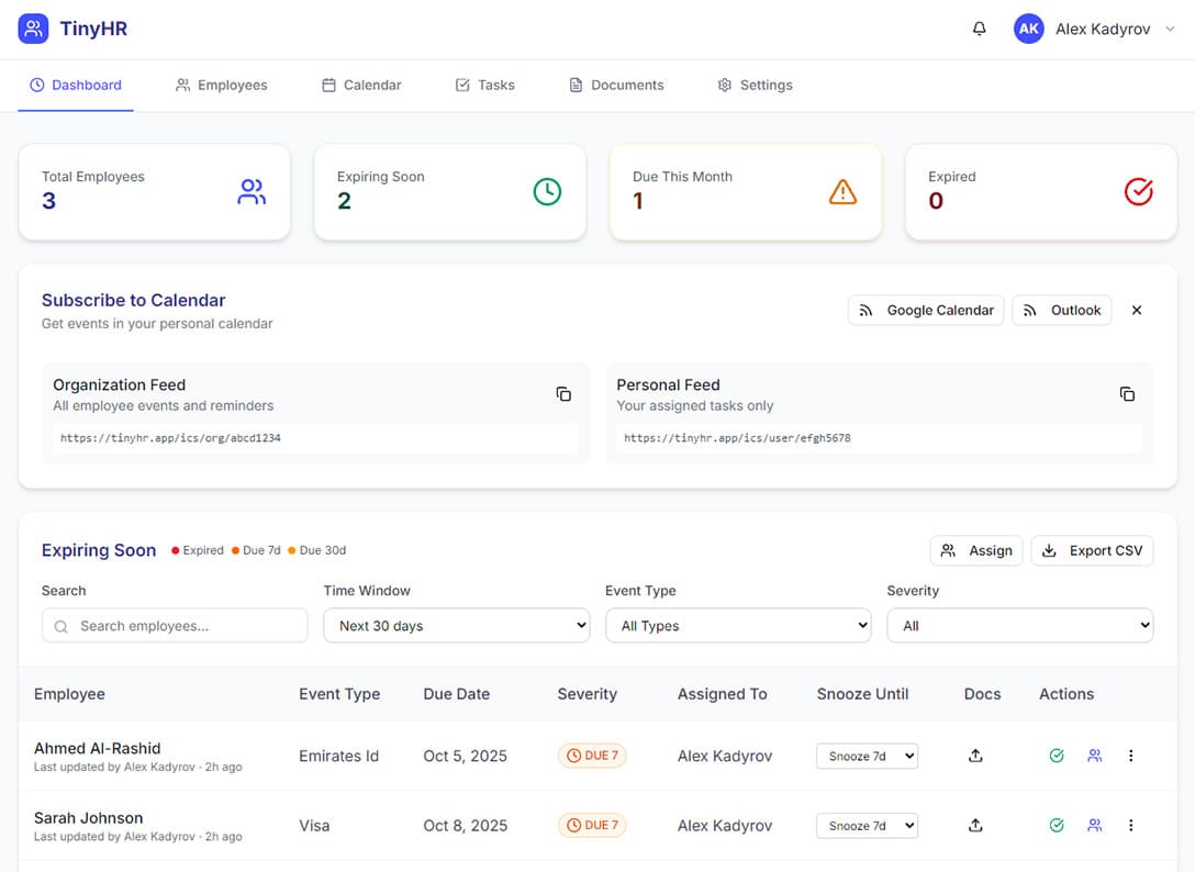 TinyHR — expiry dashboard with severity badges, task assignment, and snooze controls